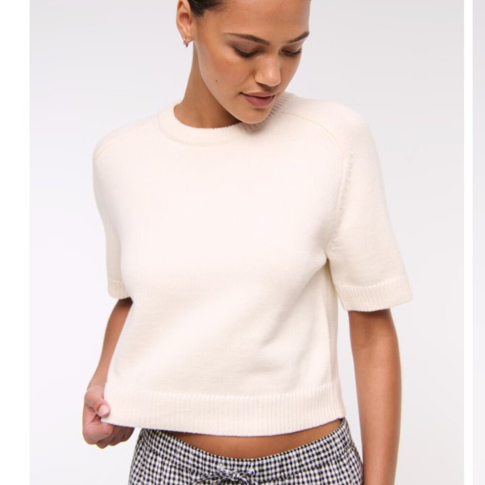 The A&F Madeline Textural Crew Sweater Tee - White/Cream XXL